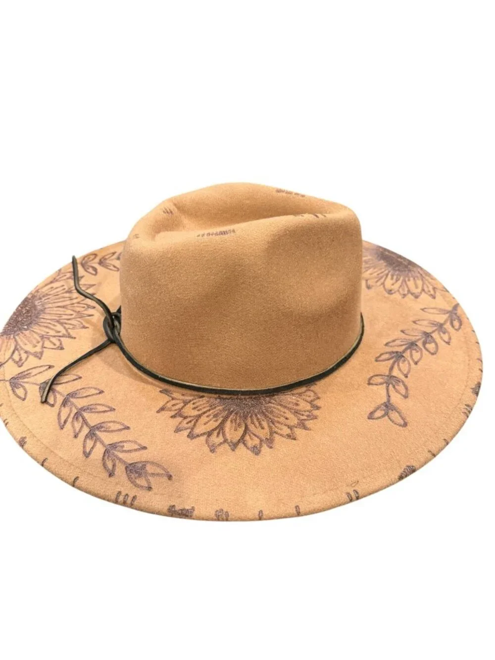 Hand Burned Sunflower Tan Wide-Brim Fedora Hat With Black Faux Leather Band EUC